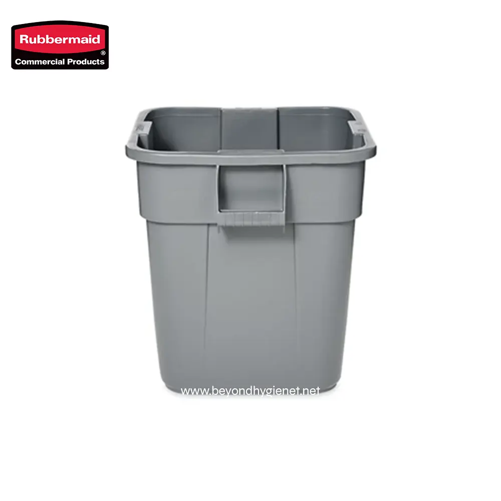 2 Rubbermaid commercial trash bin for waste disposal, durable plastic receptacle suitable for public and commercial spaces.