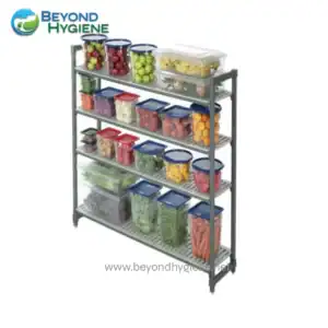 Freshly organized storage rack with various colorful fruits and vegetables in containers, ideal for food storage solutions from Beyond Hygiene Asia.