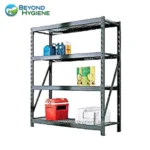 Blue plastic bottles and cleaning supplies on a black metal shelving unit for hygiene and sanitation in Asia.