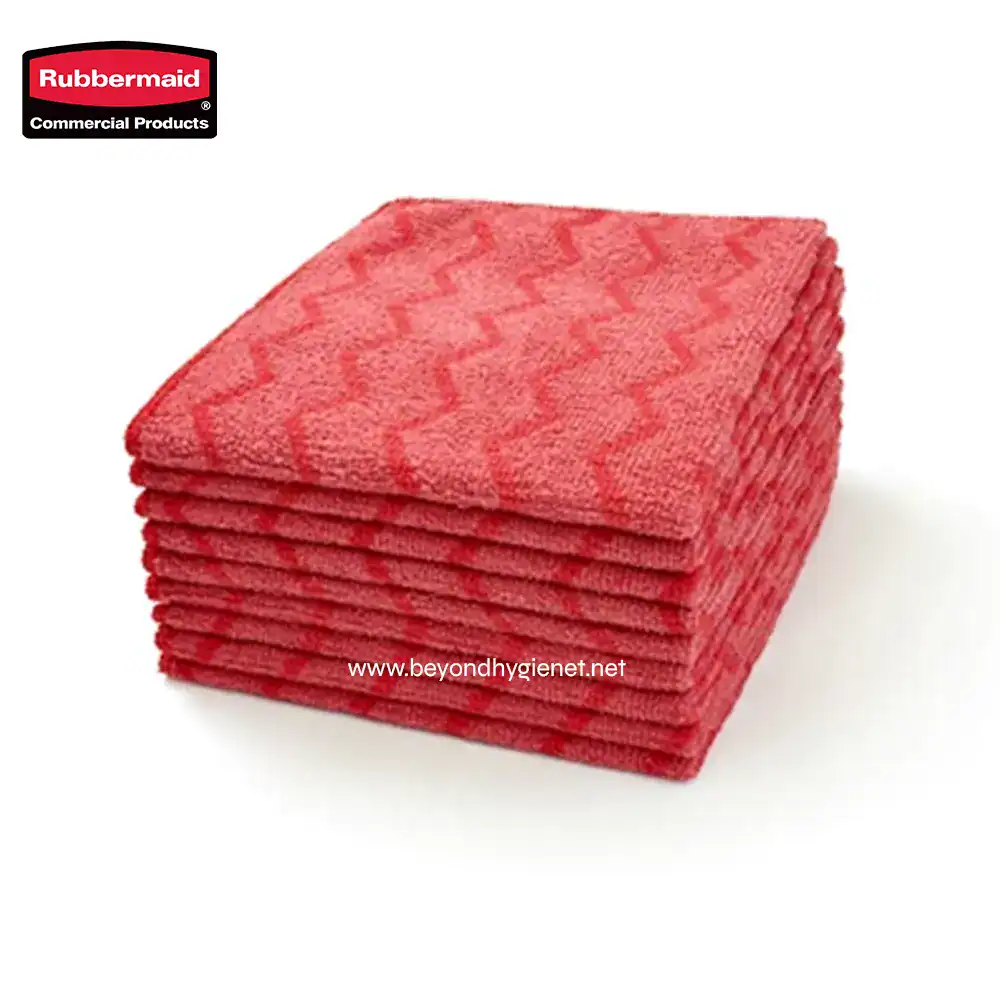 2 Red cleaning cloths stack, rubbermaid commercial products, hygiene, janitorial supplies, cleaning essentials.