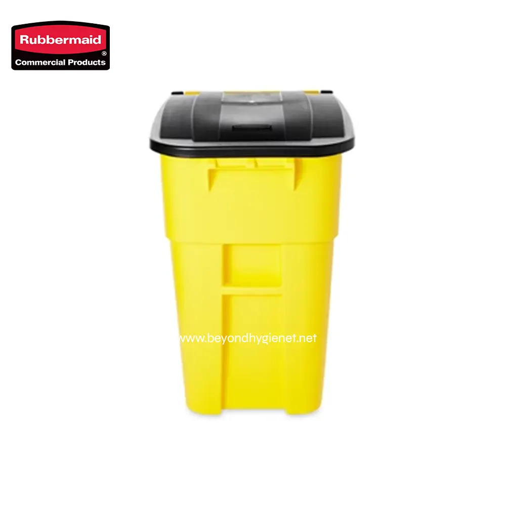 2 Yellow industrial waste bin with black lid for safety and hygiene purposes.