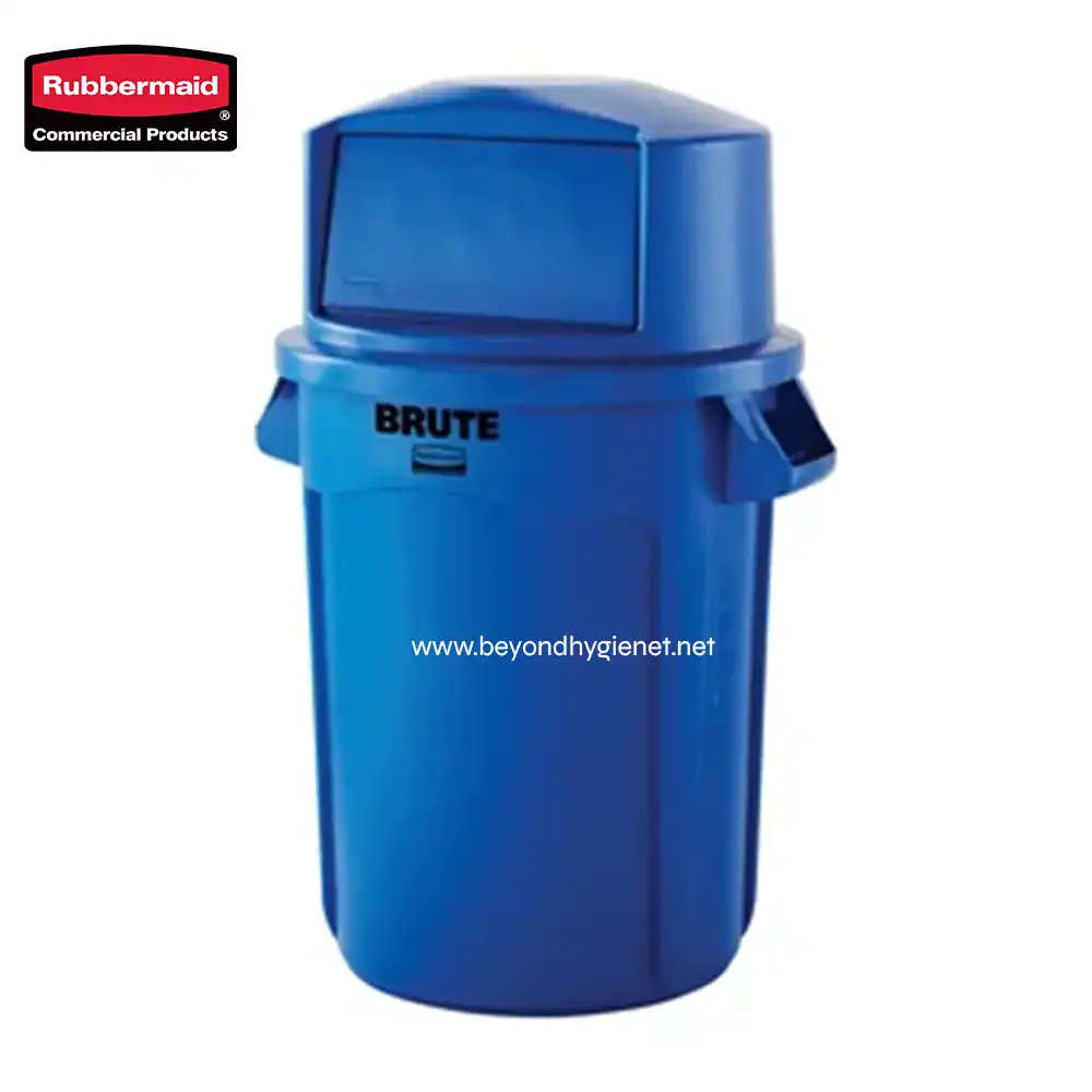 2 Rubbermaid Brute inline waste bin for commercial cleaning and waste management. Durable blue trash container ideal for janitorial services, recycling, and industrial environments.