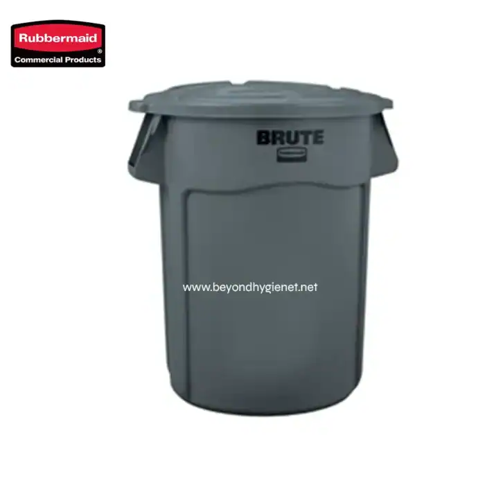 Rubbermaid Brute Commercial Waste Bin for industrial trash disposal and sanitation solutions. Durable gray plastic trash receptacle suitable for commercial and hygienic waste management applications.