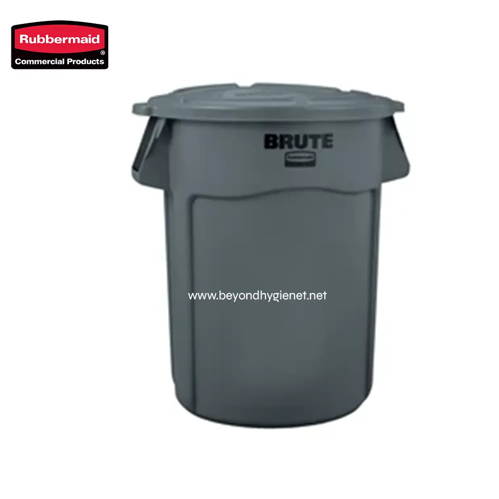 2 Rubbermaid Brute Commercial Waste Bin for industrial trash disposal and sanitation solutions. Durable gray plastic trash receptacle suitable for commercial and hygienic waste management applications.