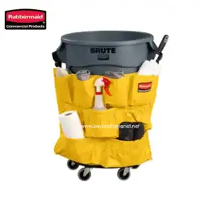 Rubbermaid toilet brush with holder for bathroom cleaning and hygiene maintenance.