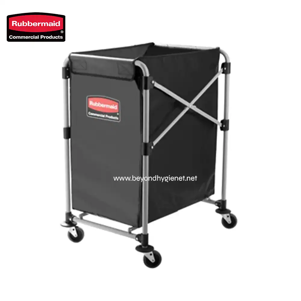 2 Rubbermaid commercial laundry cart with sturdy frame and black fabric, ideal for professional laundry and cleaning operations, promoting hygiene and efficiency in commercial settings.