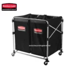 Rubbermaid commercial laundry cart with black fabric sides, metal frame, and wheels for easy mobility, ideal for industrial and commercial cleaning needs.
