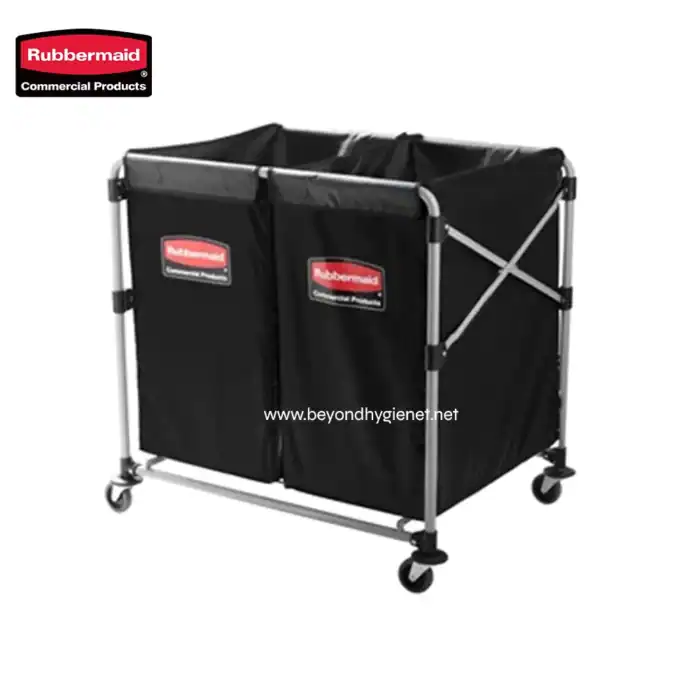 Rubbermaid commercial laundry cart with black fabric sides, metal frame, and wheels for easy mobility, ideal for industrial and commercial cleaning needs.