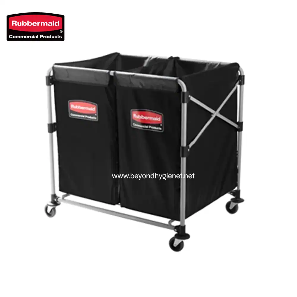 2 Rubbermaid commercial laundry cart with black fabric sides, metal frame, and wheels for easy mobility, ideal for industrial and commercial cleaning needs.