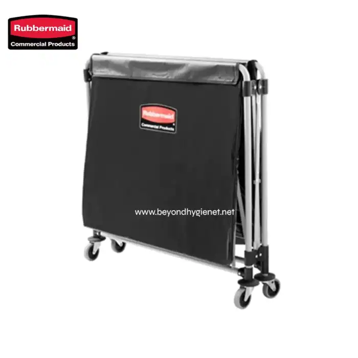 Rubbermaid commercial folding utility cart for cleaning and janitorial services in professional environments. Lightweight, durable, and mobile with wheels for easy transport of supplies.