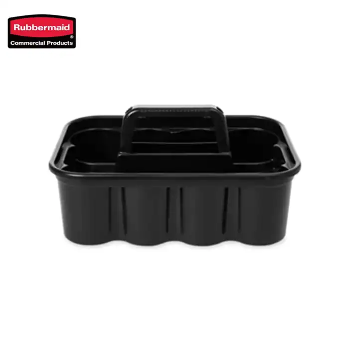 Rubbermaid black plastic cleaning caddy with handle, ideal for organizing cleaning supplies and tools. Perfect for janitorial and hygiene stations in commercial and healthcare environments.
