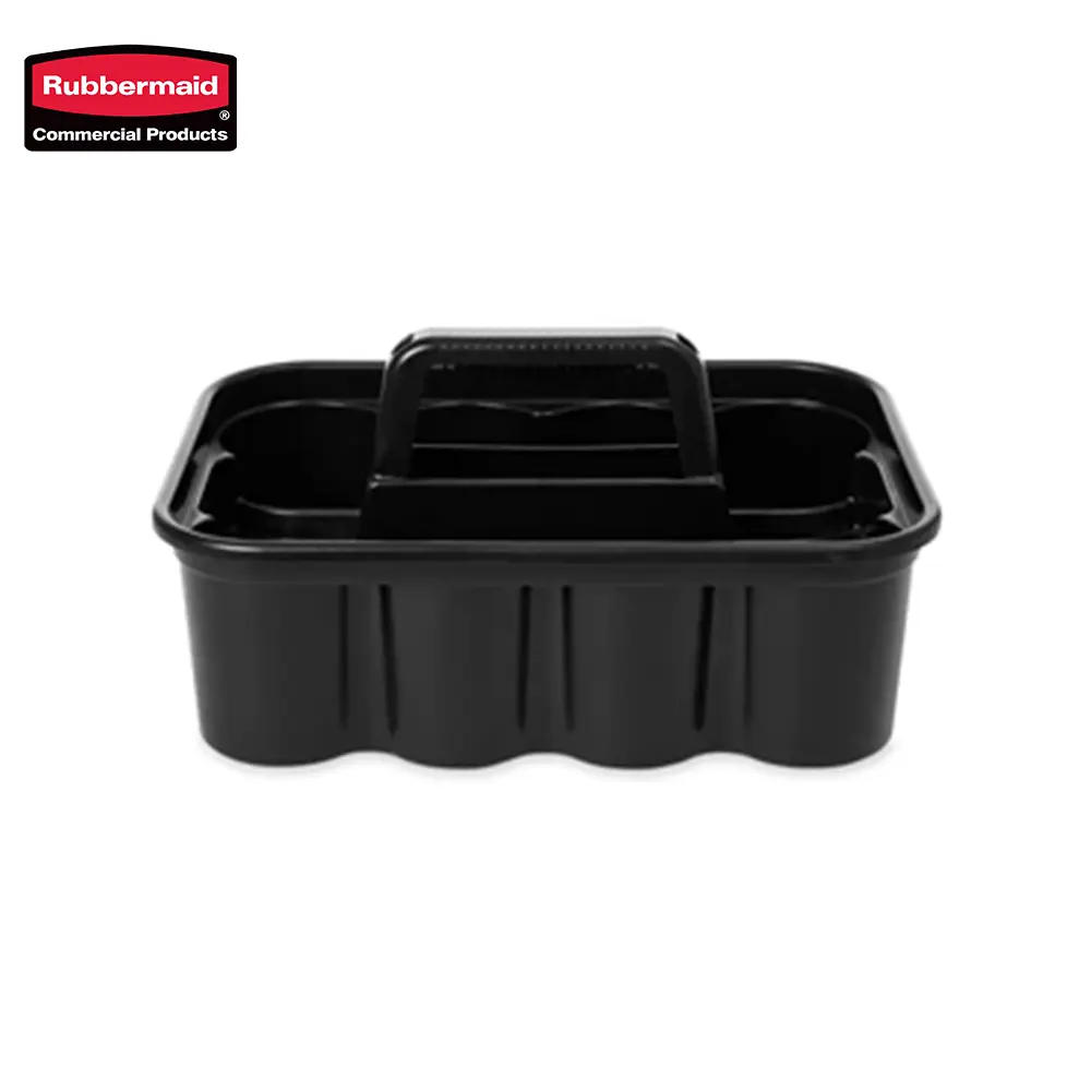 2 Rubbermaid black plastic cleaning caddy with handle, ideal for organizing cleaning supplies and tools. Perfect for janitorial and hygiene stations in commercial and healthcare environments.