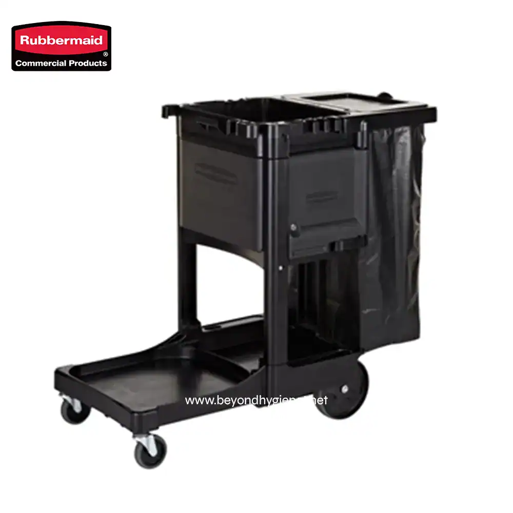 2 Rubbermaid janitorial cart for cleaning and sanitation, durable black mobile cleaning trolley with storage compartments and wheels.