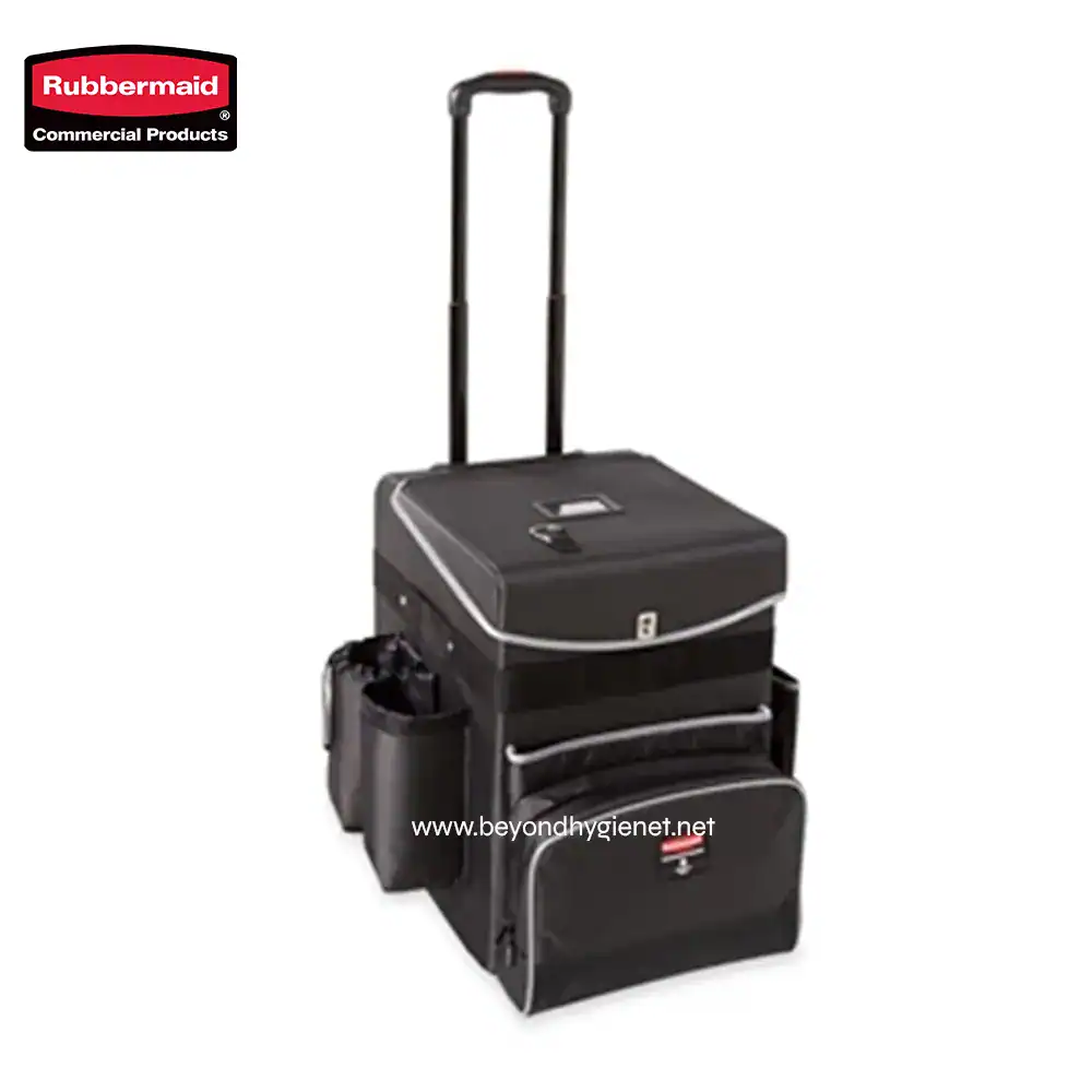 2 Rubbermaid utility cart with wheels, multiple compartments, and side pockets, suitable for cleaning, maintenance, and organizational tasks in commercial and industrial settings.