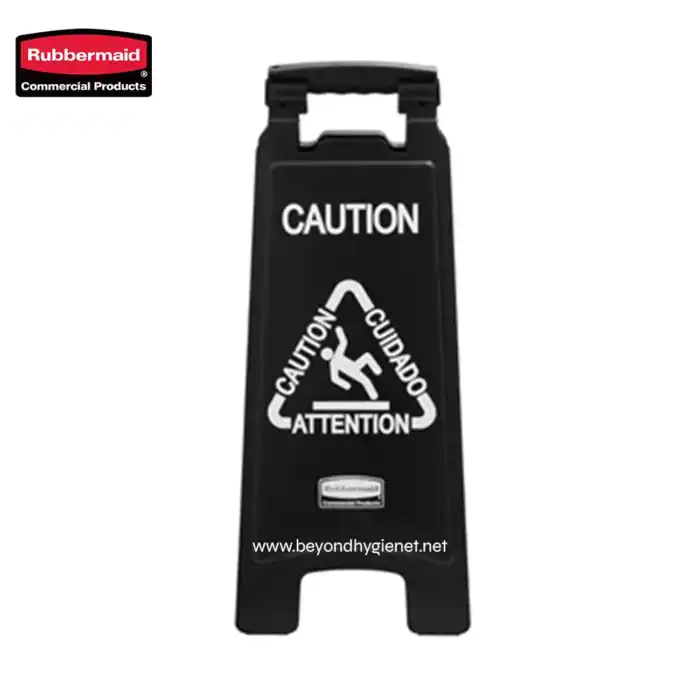Caution wet floor sign with multilingual warning symbols for slip hazards, ideal for commercial cleanliness and safety management in Asian business environments.