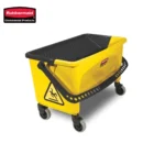 Rubbermaid yellow and black cleaning cart with warning sign, durable and mobile for commercial cleaning needs.