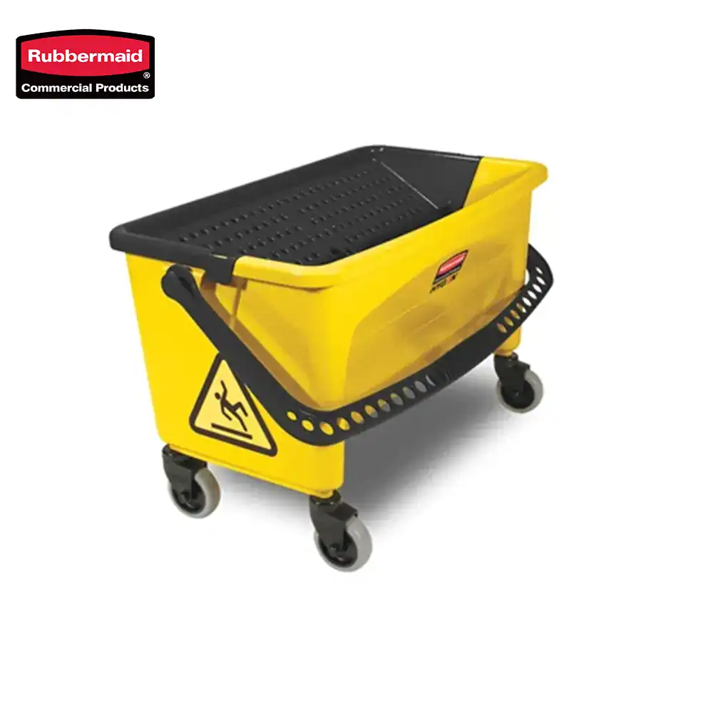 2 Rubbermaid yellow and black cleaning cart with warning sign, durable and mobile for commercial cleaning needs.