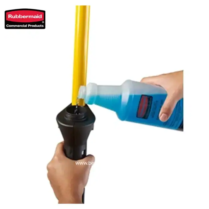 Rubbermaid cleaning product being poured into a mop bucket for sanitation and hygiene purposes in Asia.