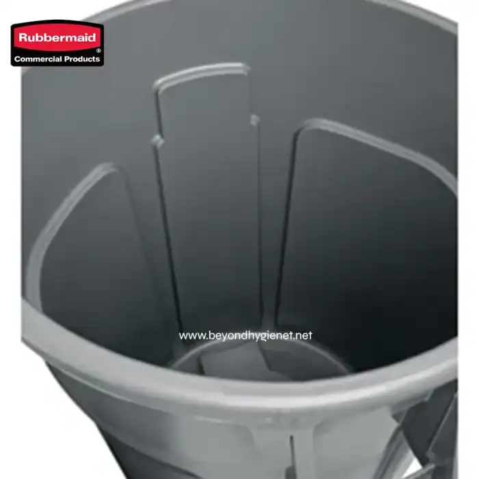 Rubbermaid commercial waste bin, gray plastic trash can with lid, durable waste disposal solution for commercial cleaning, designed for hygiene and convenience in Asean workplaces.