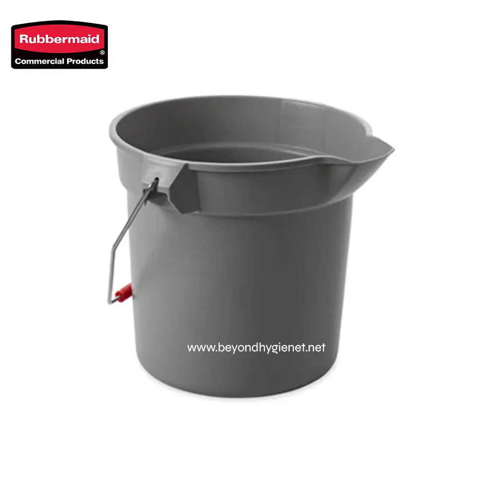 3 Rubbermaid grey mop bucket with wringer, heavy-duty commercial cleaning supply for janitorial sanitation and hygiene needs.