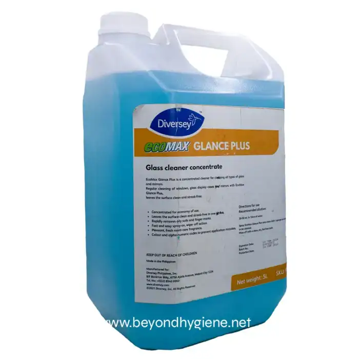 EcoMax Glance Plus glass cleaner concentrate for window and mirror cleaning, effective and streak-free, ideal for commercial and residential use, manufactured by Beyond Hygiene Asia.