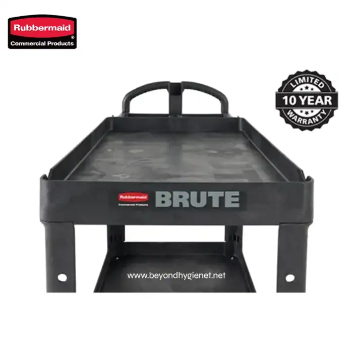 Rubbermaid Brute utility cart, heavy-duty black plastic service cart with durable wheels for commercial cleaning and industrial use.