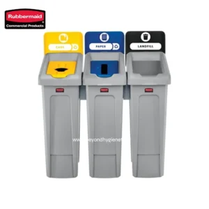 DETAILS The Rubbermaid Commercial Slim Jim® Recycling Station offers a front-of-house look with back-of-house functionality. Features and Benefits: Intuitive lid openings help patrons and staff sort recyclables more effectively. Provide better waste stream visibility by selecting a color and waste stream label for your facility needs. Hinging lid inserts are optimized to fit any size recyclable. Simple and durable execution. Components snap in place without the use of hardware. GET CUSTOM LABEL SOLUTIONS In partnership with SpecialMade Goods and Services®, you can leverage tailored dielines designed for a perfect fit with RCP containers to meet your facility's recycling, branding or other custom graphic needs. Choose between standard or custom labels. LEARN MORE SPECIFICATIONS U.S. Metric Product Length 21.50 in 54.61 cm Product Width 36.00 in 91.44 cm Product Height 40.25 in 102.24 cm Product Weight 33.70 lb 15.29 kg Upc 00086876239645 Case Pack Length 23.63 in 60.01 cm Case Pack Width 21.31 in 54.13 cm Case Pack Height 38.13 in 96.84 cm Case Pack Weight 37.10 lb 16.83 kg Case Pack Quantity 1 Ucc 00086876239645 Packaging Length 20.13 in 51.12 cm Packaging Width 20.13 in 51.12 cm Packaging Height 6.25 in 15.88 cm Packaging Weight 30.12 lb 13.66 kg Capacity 23 gal Color Black/Blue/Green Material Type Resin Country of Origin USA
