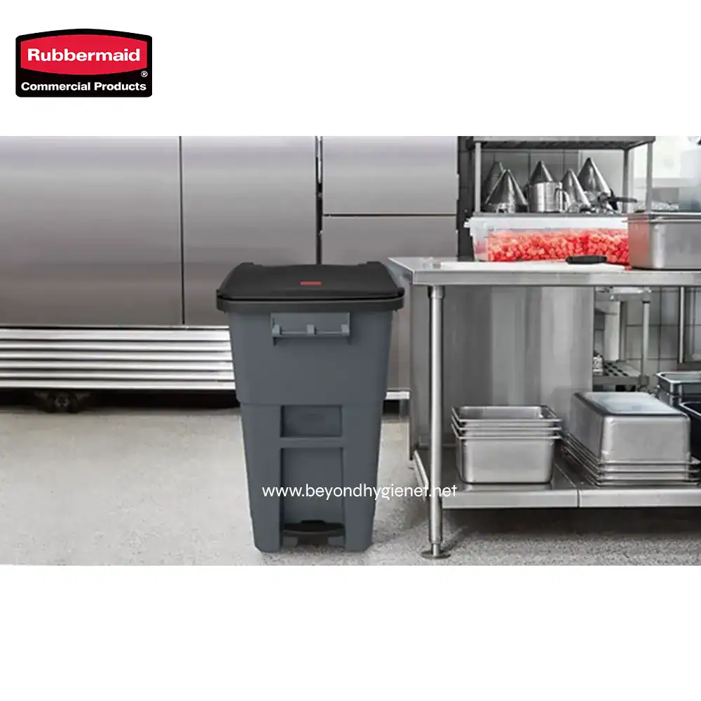 3 Plastic waste bin in commercial kitchen setting for waste segregation and sanitation.