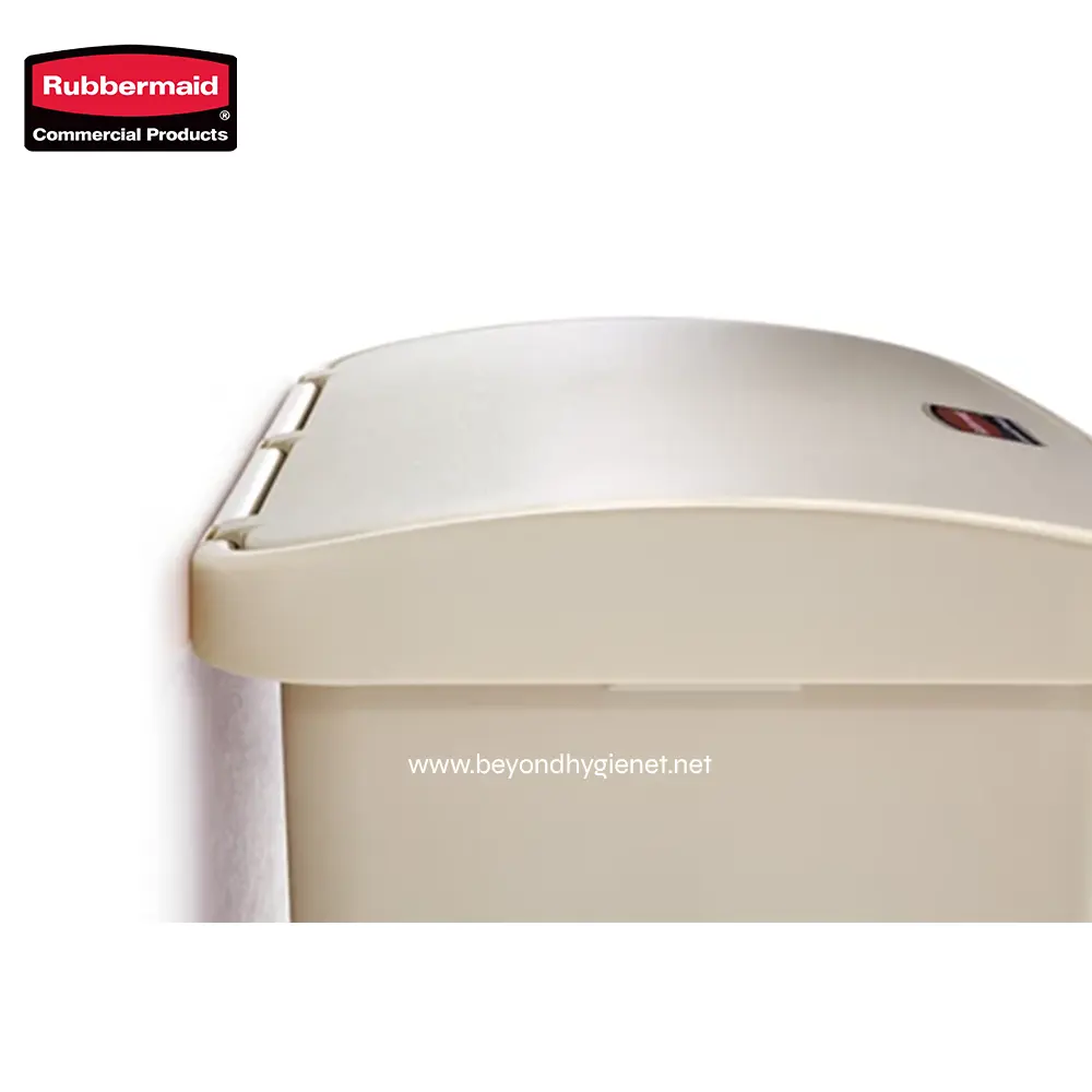 3 Rubbermaid commercial paper towel dispenser, beige color, designed for hygiene and sanitation in commercial restrooms, with easy-to-use lid and durable construction.