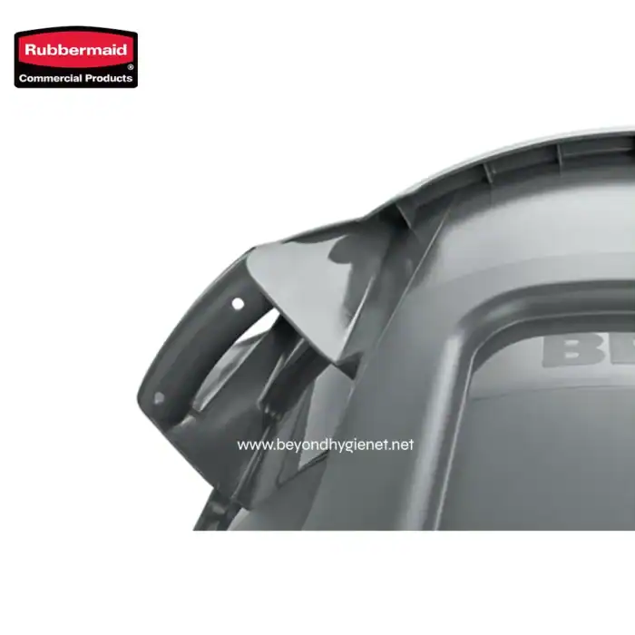 Rubbermaid commercial trash bin lid, durable gray plastic, easy to clean sanitation waste container accessory.