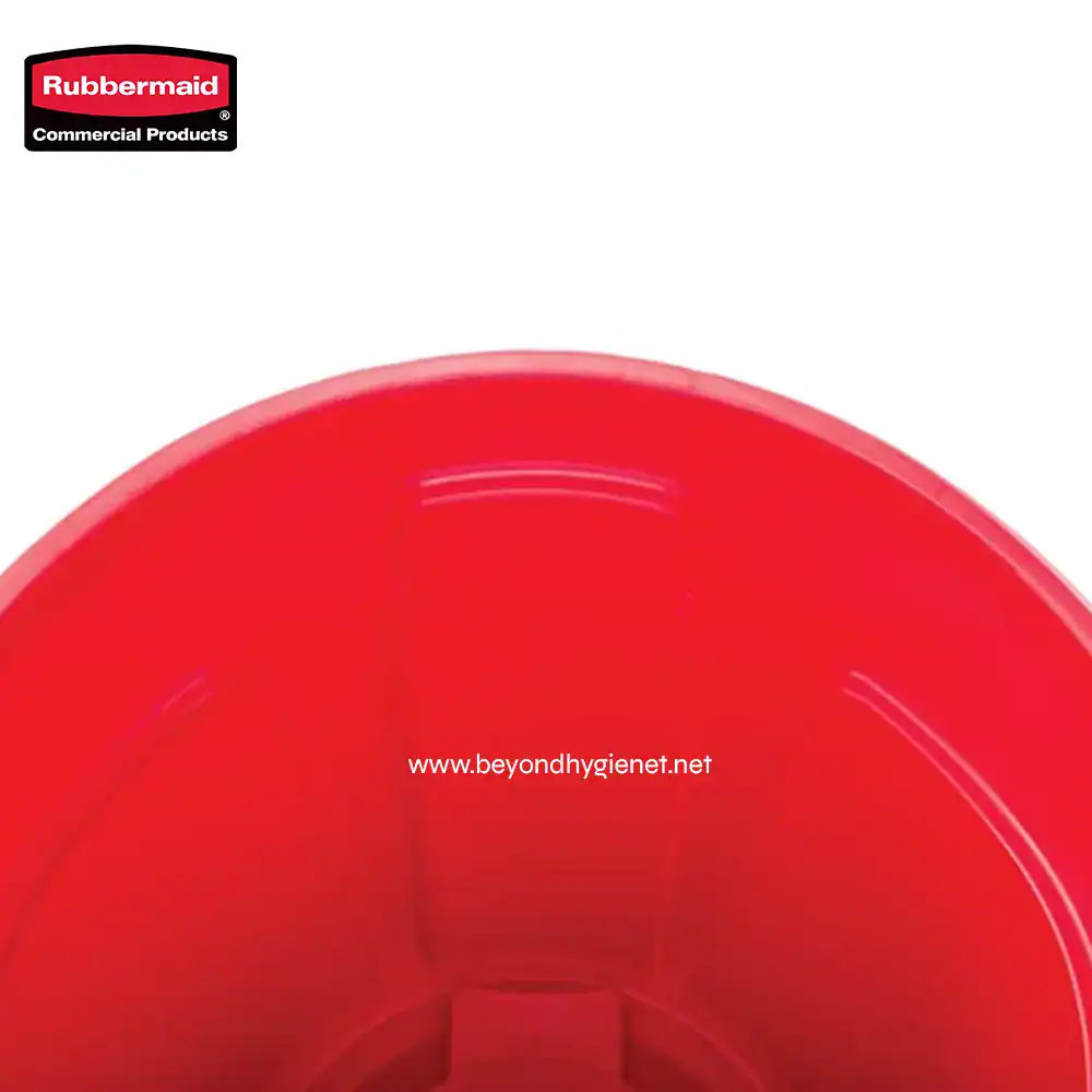 3 Rubbermaid commercial trash bin, red plastic waste container for sanitation and hygiene management in Asia.