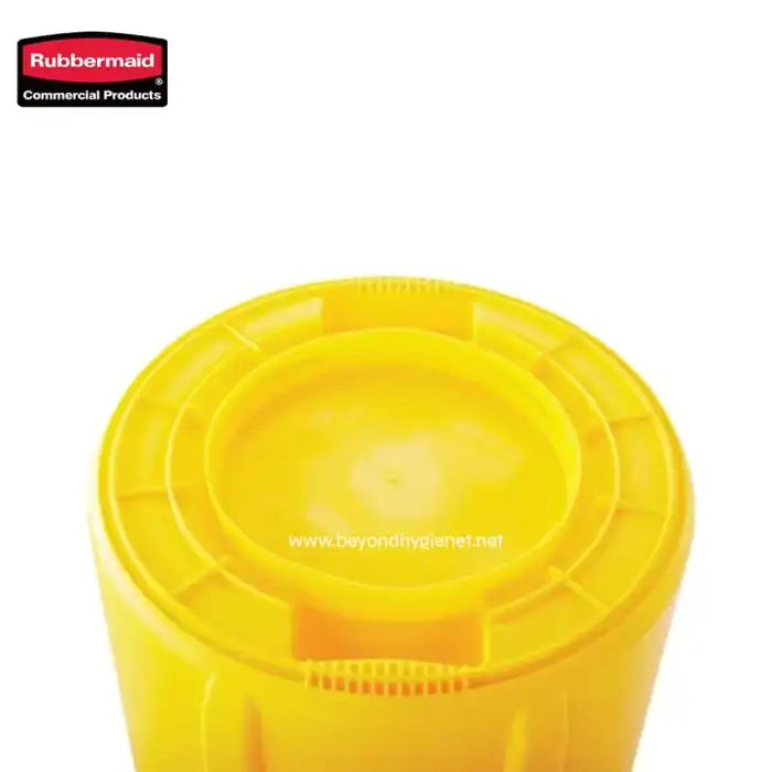 Rubbermaid yellow cleaning caddy interior close-up, durable plastic construction ideal for commercial cleaning supplies.