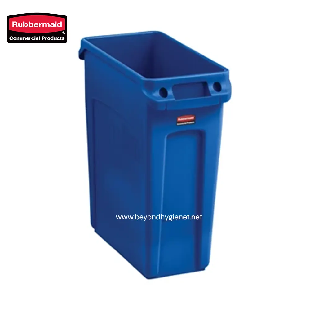 3 Rubbermaid blue trash bin for commercial waste disposal, durable plastic container for hygiene and sanitation in Asian workplaces.