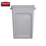 Hand sanitation station with Rubbermaid SlimJim trash receptacle, ideal for commercial hygiene and waste management in Asia.