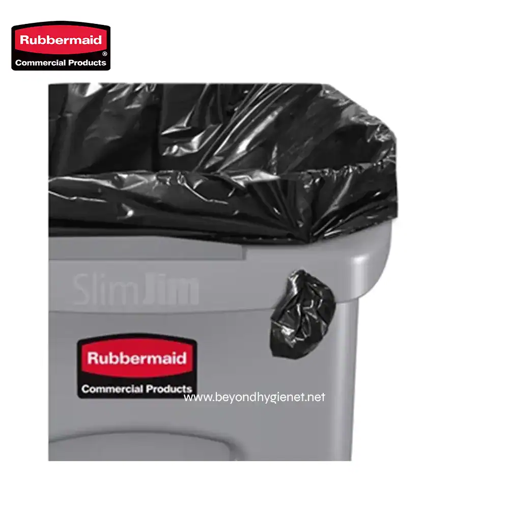 3 Black garbage bag inside a commercial trash can with Rubbermaid and Beyond Hygiene branding.