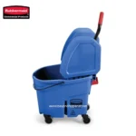 Blue commercial cleaning mop bucket with wringer and wheels for efficient janitorial cleaning.