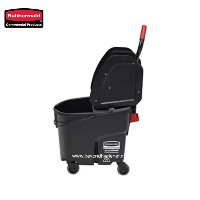 Rubbermaid commercial cleaning cart with black compartments and red handle, designed for janitorial and sanitation tasks in commercial facilities. Durable and mobile for efficient cleaning operations.