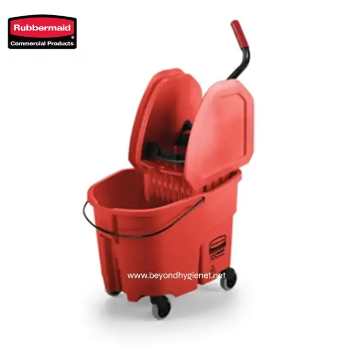 Rubbermaid commercial cleaning bucket and mop wringer with lid and wheels for industrial hygiene and janitorial services.