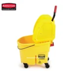 Rubbermaid commercial mop bucket with wringer, yellow, on wheels, used for efficient cleaning and hygiene in commercial settings.