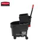 Bucket and mop cleaning cart with wringer, heavy-duty industrial cleaning equipment for commercial use, black plastic with wheels, efficient for janitorial and hygiene services.