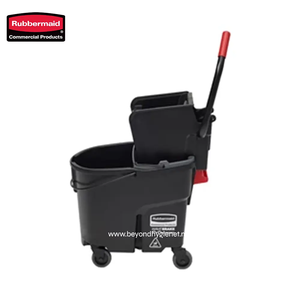 3 Bucket and mop cleaning cart with wringer, heavy-duty industrial cleaning equipment for commercial use, black plastic with wheels, efficient for janitorial and hygiene services.