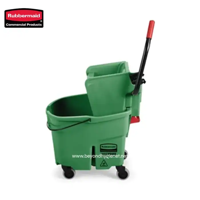 Rubbermaid commercial mop bucket with wringer, green cleaning equipment for commercial janitorial cleaning services, including mopping and floor sanitation.