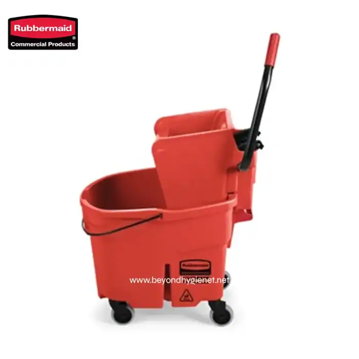 Rubbermaid commercial cleaning mop bucket with wringer, durable and efficient for janitorial and sanitation tasks.