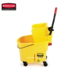 Yellow commercial mop bucket with wringer, mobile cleaning tool for janitorial and industrial use.