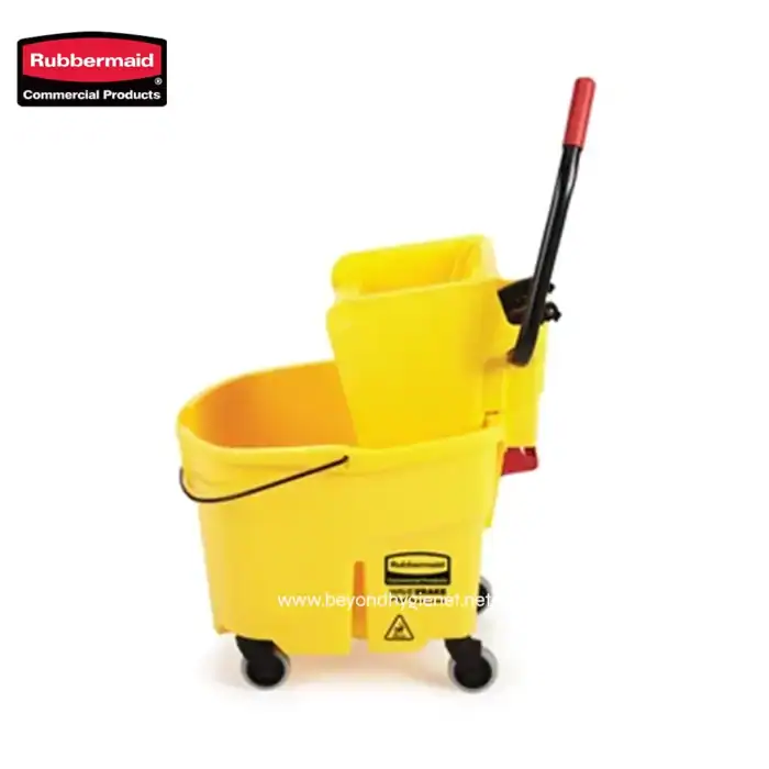 Yellow commercial mop bucket with wringer, mobile cleaning tool for janitorial and industrial use.