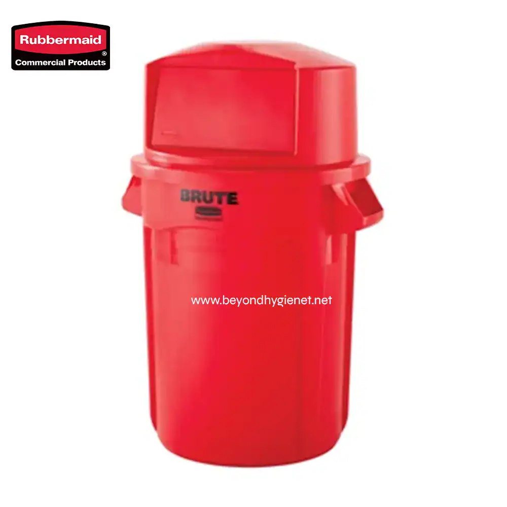 3 Rubbermaid Brute heavy-duty trash bin - durable waste management solution for commercial cleaning, recycling, and sanitation needs.