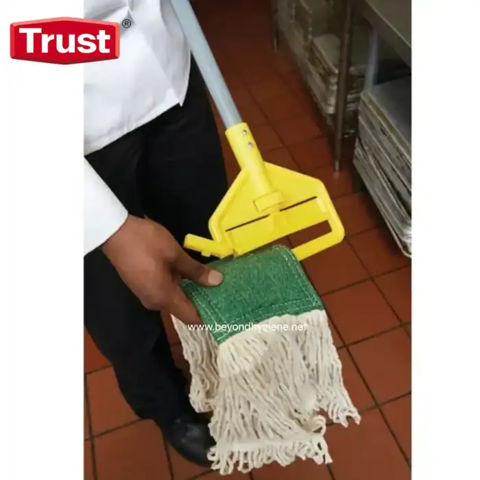 Blue and white microfiber dust mop with yellow wringer handle for commercial cleaning and floor maintenance.