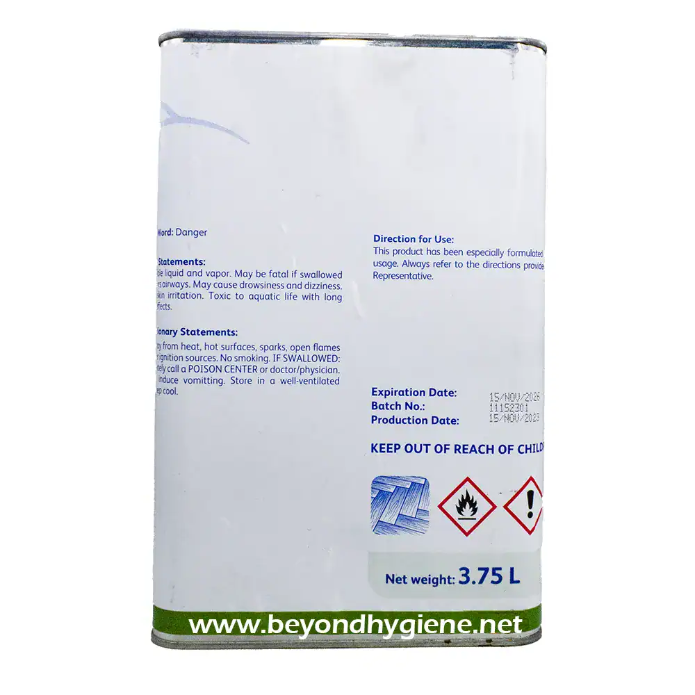 3 Hazardous chemical liquid in a white metal container with warning symbols, used in industrial cleaning or disinfecting for hygiene and sanitation purposes, manufactured by Beyond Hygiene Asia.