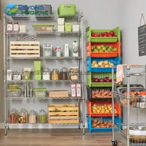 Organic produce storage shelves with fresh vegetables and pantry items, hospital grade cleaning supplies, organized in a commercial kitchen or grocery setting, emphasizing hygiene and food safety.