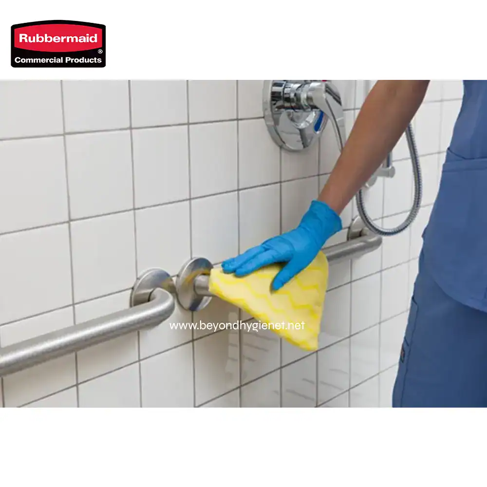 3 Industrial cleaning of stainless steel handrails and bathroom fixtures using designated cleaning tools and disinfectants.